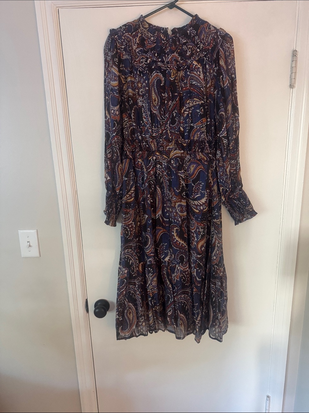 Woven Paisley Long-Sleeve Midi Dress in Navy